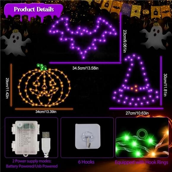 Halloween Decorations, Bat Pumpkin Hat Window Lights, 8 Modes Battery Operated - Picture 2 of 8